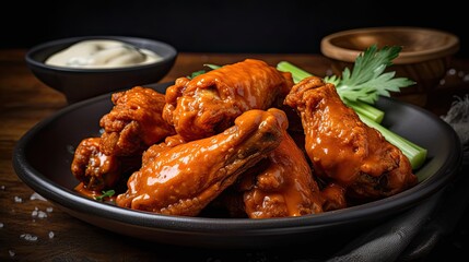 close up spicy red buffalo wings with cut vegetables on a black plate and blur background