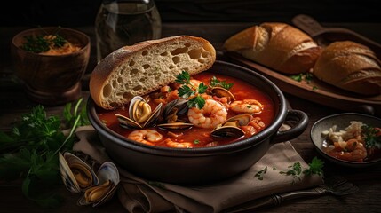 close up spicy red cioppino soup with clam meat on a black plate and blur background