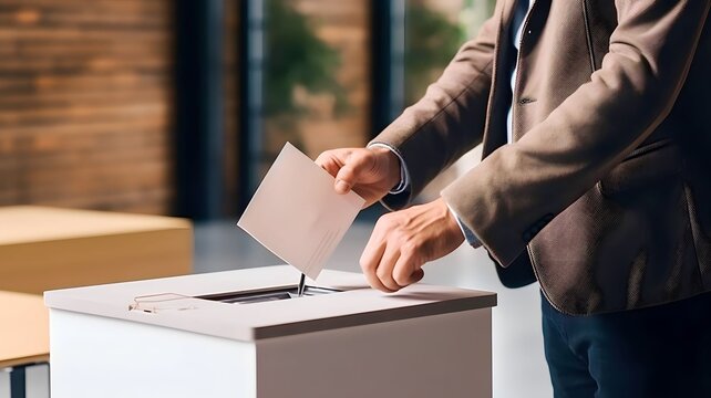 A voter wearing a ballot pin and placing his vote in a ballot box during a general election
