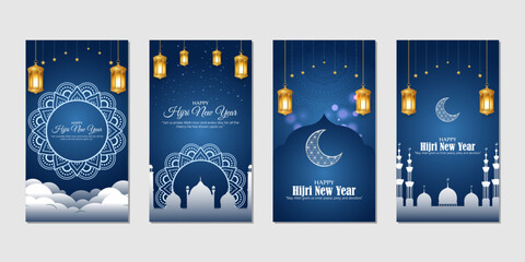 Vector illustration of Hijri New Year social media story feed set mockup template