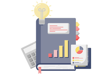 business notebook and light on. business income statement ledger