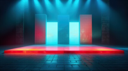 Empty space with neon spotlights shine wall in dark light stage with cyan smoke light  like room, idea for background, backdrop, pink blue lights