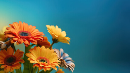 orange and yellow gerbera flower on a blue background with Ai Generated.