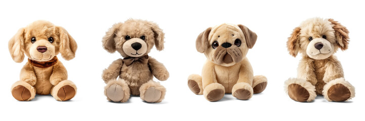 Stuffed dog toys set isolated on transparent background. Fluffy soft puppy toys Generative AI  - obrazy, fototapety, plakaty
