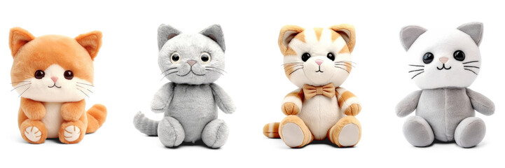 Stuffed kitten toys set isolated on transparent background. Fluffy soft cat toys Generative AI  - obrazy, fototapety, plakaty