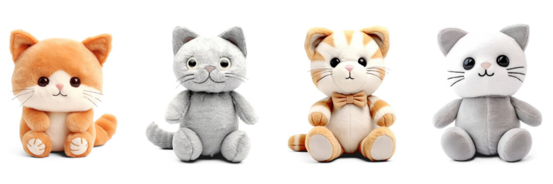 Stuffed kitten toys set isolated on transparent background. Fluffy soft cat toys Generative AI 