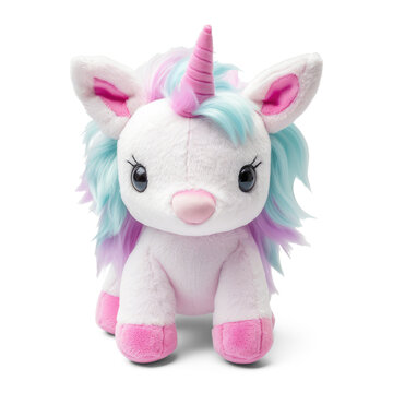 Stuffed unicorn toy isolated on transparent background. Fluffy soft cute unicorn toy Generative AI 