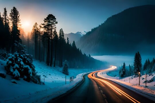 Light trails on the highway at a winter night covered with snow, created with Generative AI