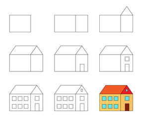 Worksheet easy guide to drawing big house. Simple step by step drawing tutorial for little children.