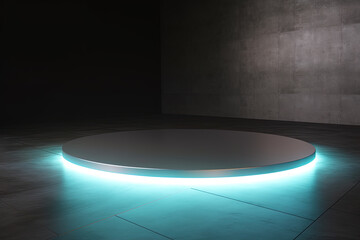 a circular platform podium with blue neon light on dark background. Created with Generative AI Technology