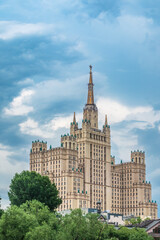 The view on the residential Stalinist high-rise building on Kudrinskaya Square. It is the one of seven Stalinist skyscrapers built in 1947-1954.