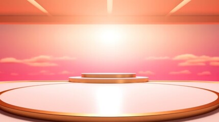 3D mock up podium in a bright pink sky background. Abstract minimalistic bright trendy background for product presentation. Generative AI.