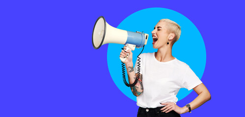 Megaphone, announcement and woman voice isolated on blue background, banner and speaking, news or...