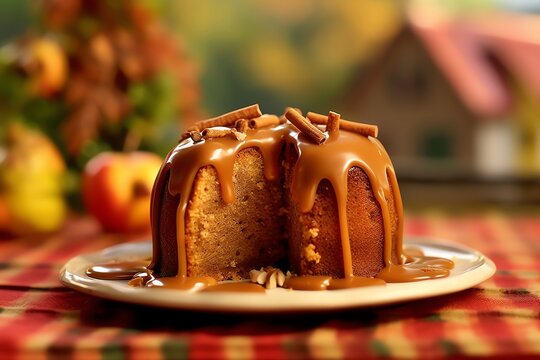 Caramel apple cake on a fall-themed placemat. generative AI