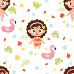 Childish summer seamless pattern. Cute beach girl in swimsuit with rubber flamingo, shells and strawberries with pieces watermelon on white background. Vector illustration in cartoon style