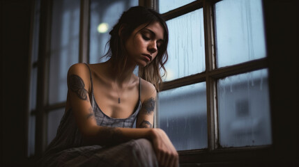 Fototapeta na wymiar Depressed young woman near window at home, closeup, Generative AI
