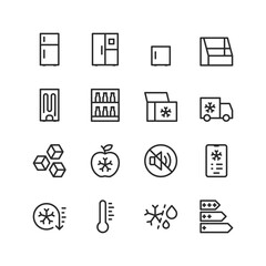 Refrigerator, linear style icons set. Food storage at low temperature. Design and energy efficiency. Basic refrigerator modes, functions and settings. Editable stroke width