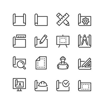 Engineering drawing, linear style icons set, blueprint. A sheet of paper with a diagram. Drawing an image of a technical object. Design and development of products. Editable stroke width