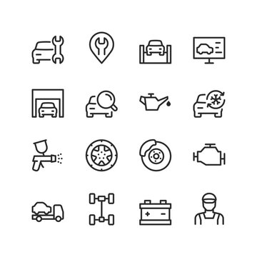 Car service, linear style icons set. Car repair, spare parts. Service station. Diagnostics, adjustment, replacement, installation of car parts. Equipment and tools for repair. Editable stroke width