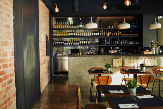 Empty restaurant store, pub or shop for retail services, hospitality industry or alcohol sales service. Room interior design, bar and small business with furniture chair, table desk and wine drinks