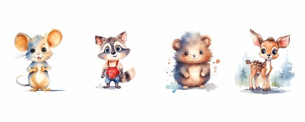 A set of watercolor Mice, Raccoon, Hedgehog, and Deer. Generative AI.