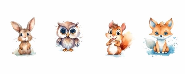 A set of watercolor Rabbit, Owl, Squirrel, and Fox. Generative AI.