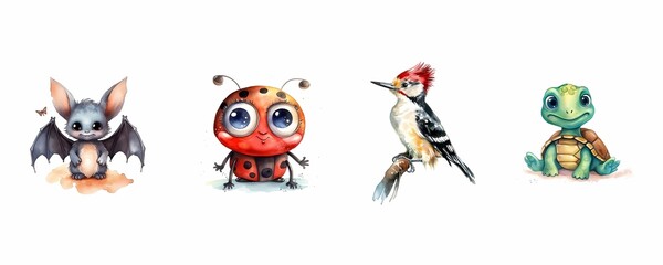 A set of watercolor Bat, Ladybug, Woodpecker, and Turtle. Generative AI.