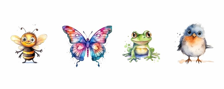 A set of watercolor Bee, Butterfly, Frog, and Bird. Generative AI.