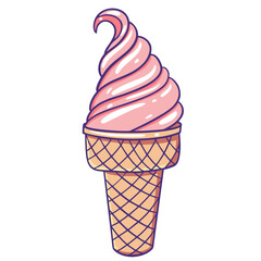 Pink color ice cream in waffle cone illustration