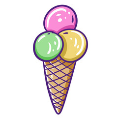 Three ice cream scoop in waffle cone illustration