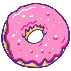 Pink color cream on donut in cartoon style illustration
