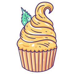 Yellow color cupcake with mint leaf illustration
