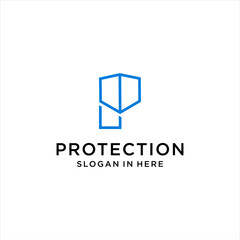 initial letter P logo design with protection shield icon vector template 