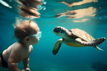 baby swimming underwater with turtle, Generative AI