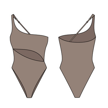 Asymmetrical Cutout One Piece technical fashion flat. Swimsuit vector illustration, front and back view, editable mockup template.