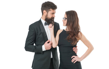 First love. brutal man hug his lady. couple in love. business meeting and partnership. love and romance. formal couple grooming for engagement event. elegant sexy woman. male tuxedo fashion