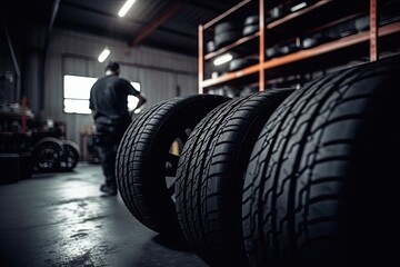 Naklejka na ściany i meble Mechanic service is changing new tires and wheels. on the garage background 