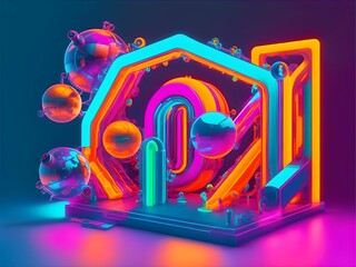 A Neon-infused 3D Abstract Artwork with a Neon Nostalgic 90s Feel. Created with Generative AI Technology.