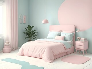 A Minimalist bed Room with a cute pastel Nostalgic 90s vibe. Created with Generative AI Technology.