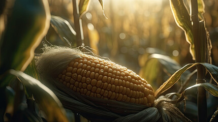 An ear of corn in a cornfield in the rays of light, generative ai, 8k
