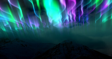 The abstract background of the multi -colored northern lights and mountains in the north, a bright iridescent realistic light light in the sky