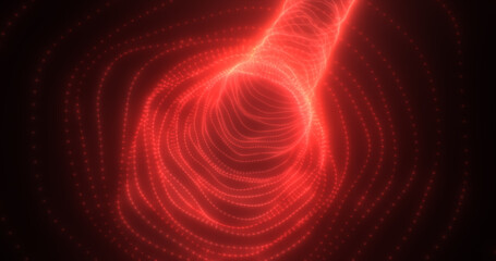 Abstract orange tunnel swirling from particles and dots of glowing bright futuristic hi-tech background