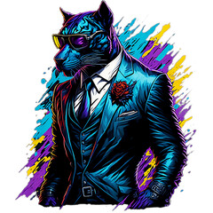 A Panther In Sunglasses With Blue Suit and Tie colorful Splatter Design Generative AI illustrations