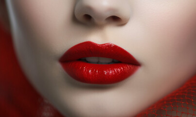 Close up of a woman's full lips wearing dark red lipstick, Generative AI