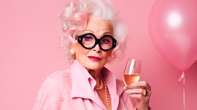 Modern senior woman in stylish pink clothes with glasses, Barbicor style, holding a glass of champagne. Portrait of a happy woman Generative AI