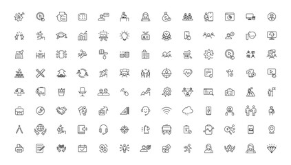 Fototapeta na wymiar Teamwork and education linear icons collection.Set of thin line web icon set, simple outline icons collection, Pixel Perfect icons, Simple vector illustration.