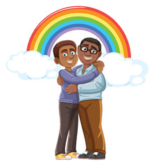 Male couple cartoon character with rainbow pride at the background