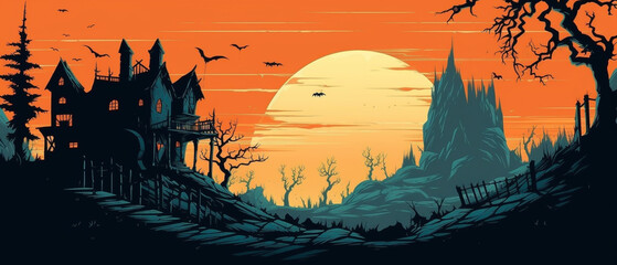 Halloween concept Humans with scary castle Generative AI