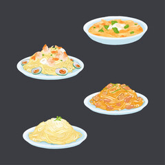 Set of spaghetti dishes isolated on white background. Hand drawn watercolor vector illustration.