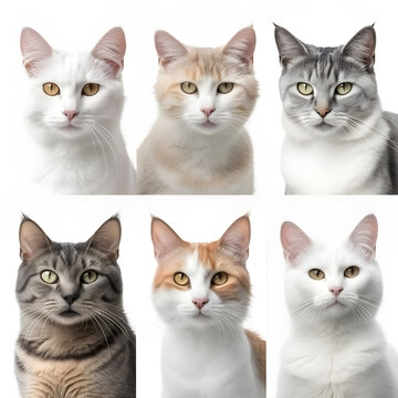 Collection set of different cute cats and catfaces isolated